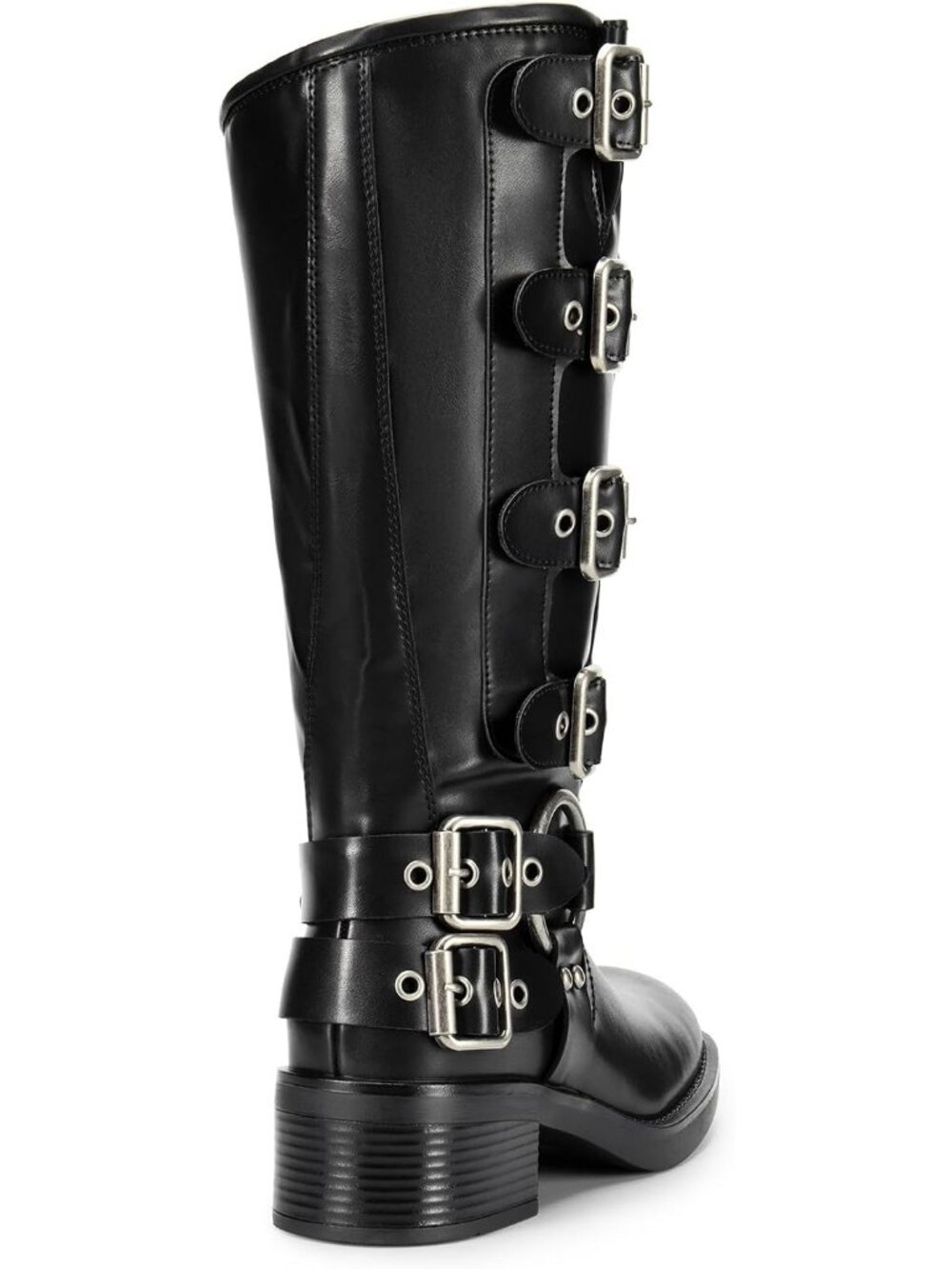 Women's Black Faux Leather Adjustable Buckles Low Chunky Heel Knee High Boots - Picture 6 of 6